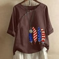 thumbnail image 1 of Fartey 4th of July Cotton Linen T Shirts for Women Dressy Casual Crew Neck Patriotic Tops with Button Loose FIt Summer Short Sleeve Shirts 2025 Brown M, 1 of 3