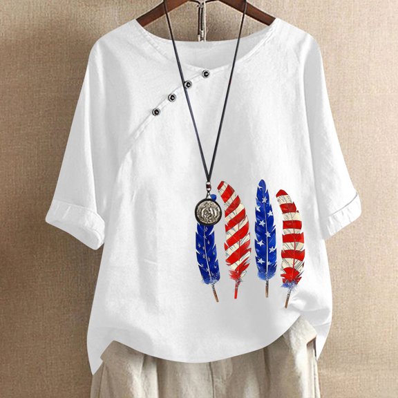 Fartey 4th of July Cotton Linen T Shirts for Women Dressy Casual Crew Neck Patriotic Tops with Button Loose FIt Summer Short Sleeve Shirts 2025 White XXL