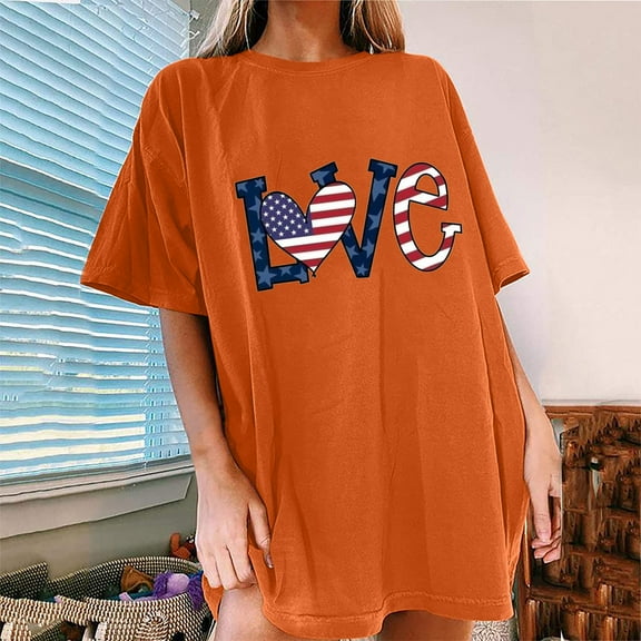 Fartey 4th of July Oversize Shirts Women Cute American Flag Stars Graphic Tees Summer Short Sleeve Crew Neck Patriotic T-Shirt Fashion Y2K Tops Orange M