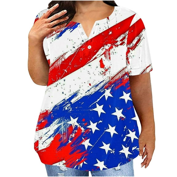 Fartey 4th of July Patriotic Shirts for Women Plus Size Summer Short Sleeve Tops Dressy Casual Button V Neck Festival T-Shirts Trendy Stars Stripe Graphic Tees Multicolor XXXXL