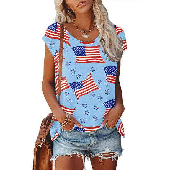 Fartey 4th of July Patriotic Shirts for Women Trendy American Flag Graphic Tees Loose Casual Cap Sleeve T Shirts Independence Day Scoop Neck Tops Light Blue XXL