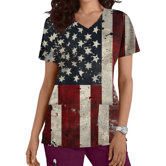 Fartey 4th of July Scrub Tops for Women Slim Fit Short Sleeve Tunic Top with Pockets Dressy Casual V Neck T Shirts Retro American Flag Graphic Tees Red S