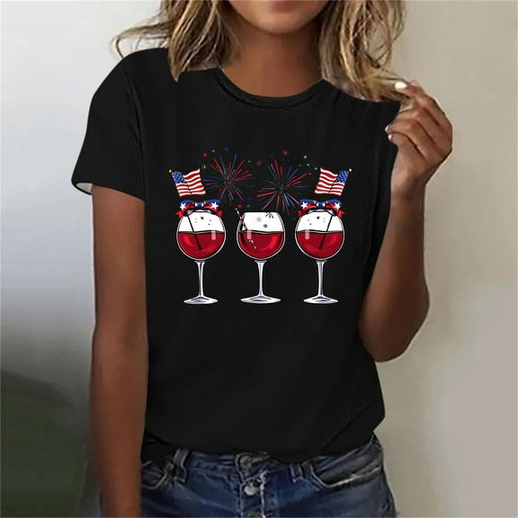 Fartey 4th of July Shirt for Women American Flag Short Sleeve Tops Independence Day Crew Neck T Shirts Funny Graphic Tees Soft Comfy Party Blouses Black S