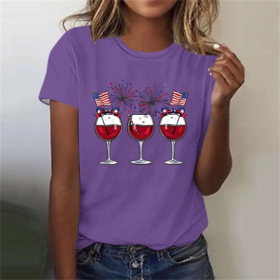 Fartey 4th of July Shirt for Women American Flag Short Sleeve Tops Independence Day Crew Neck T Shirts Funny Graphic Tees Soft Comfy Party Blouses Purple S