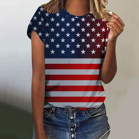 Fartey 4th of July Shirt for Women Trendy Stars Stripe Graphic Tees Summer Short Sleeve Crew Neck Tops Plus SIze Independence Day Festival T Shirts Multicolor M