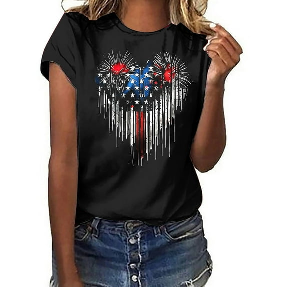 Fartey 4th of July Shirts for Women American Flag Patriotic T-Shirts Cute Independence Day Graphic Tees Summer Crewneck Short Sleeve Patriotic Tops Black S