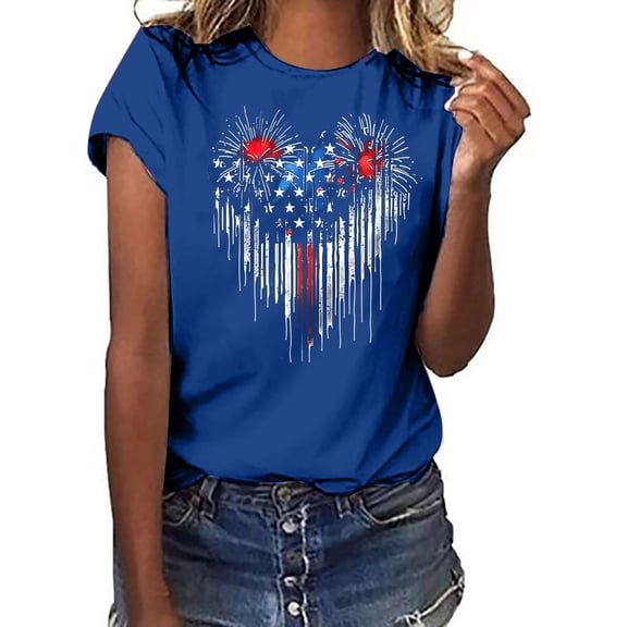 Fartey 4th of July Shirts for Women American Flag Patriotic T-Shirts Cute Independence Day Graphic Tees Summer Crewneck Short Sleeve Patriotic Tops Blue M