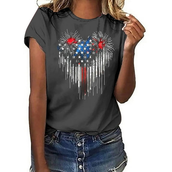 Fartey 4th of July Shirts for Women American Flag Patriotic T-Shirts Cute Independence Day Graphic Tees Summer Crewneck Short Sleeve Patriotic Tops Dark Gray XXL