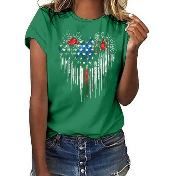 Fartey 4th of July Shirts for Women American Flag Patriotic T-Shirts Cute Independence Day Graphic Tees Summer Crewneck Short Sleeve Patriotic Tops Green XXL