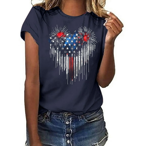 Fartey 4th of July Shirts for Women American Flag Patriotic T-Shirts Cute Independence Day Graphic Tees Summer Crewneck Short Sleeve Patriotic Tops Navy XXL
