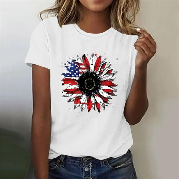 Fartey 4th of July Shirts for Women Patriotic American Flag T Shirt Fashion Sunflower Print Short Sleeve Tops Independence Day Crew Neck Tshirts White M