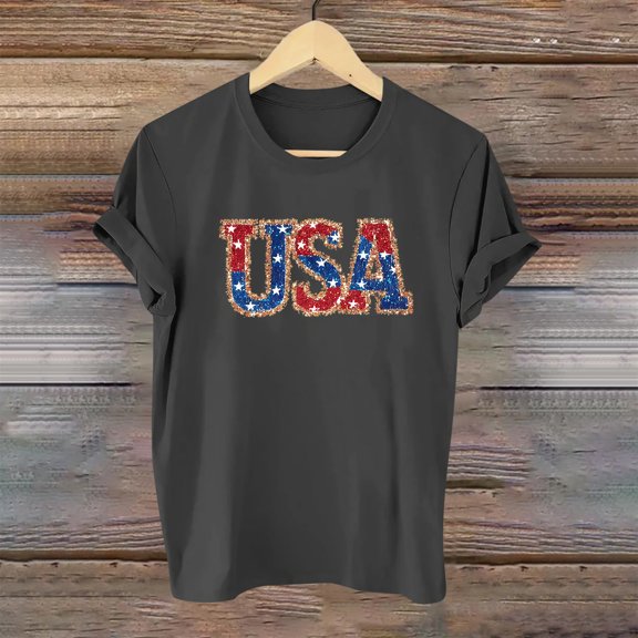 Fartey 4th of July Shirts for Women USA Flag Short Sleeve Tops Stars Stripe Graphic Tees Soft Comfy Crew Neck T Shirts Patriotic Blouses 2025 Dark Gray XXL