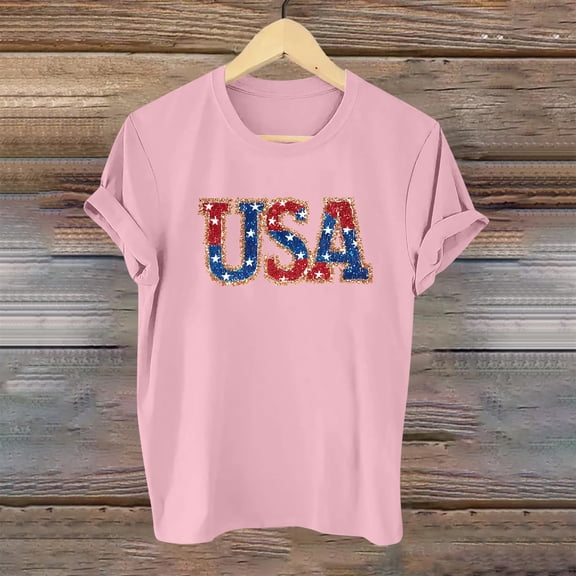 Fartey 4th of July Shirts for Women USA Flag Short Sleeve Tops Stars Stripe Graphic Tees Soft Comfy Crew Neck T Shirts Patriotic Blouses 2025 Pink XXL