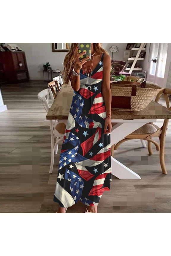 Womens American Flag Dresses Spaghetti Strap Sleeveless Dress 4th of July V Neck Dress USA Flag Print Dress Loose Flowy Beach Festival Sundress Red L