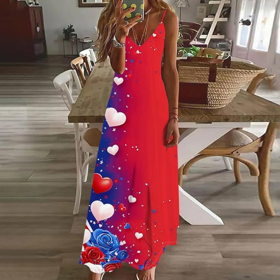 Fartey 4th of July Spaghetti Strap Maxi Dresses for Women Cute Heart Print Dress Summer Sleeveless Long Dresses Independence Day V Neck Patriotic Dress Multicolor L