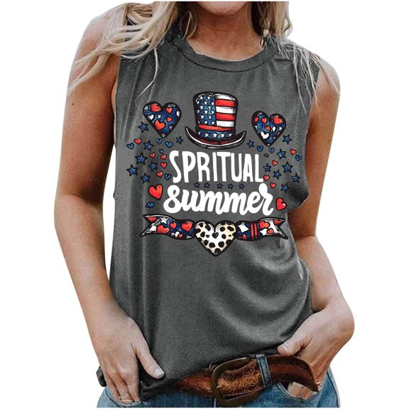 Fartey 4th of July Tank Tops for Women Funny Letter Printed Sleeveless Shirts Independence Day Patriotic T Shirts Loose Casual Summer Crew Neck Tanks Gray XL