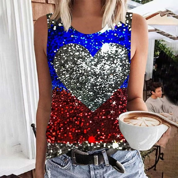 Fartey 4th of July Tank Tops for Women Plus Size Summer Sleeveless Patriotic Shirts Cute Memorial Day Print T-shirts Loose Casual Holiday Tanks Blue XXXXXL