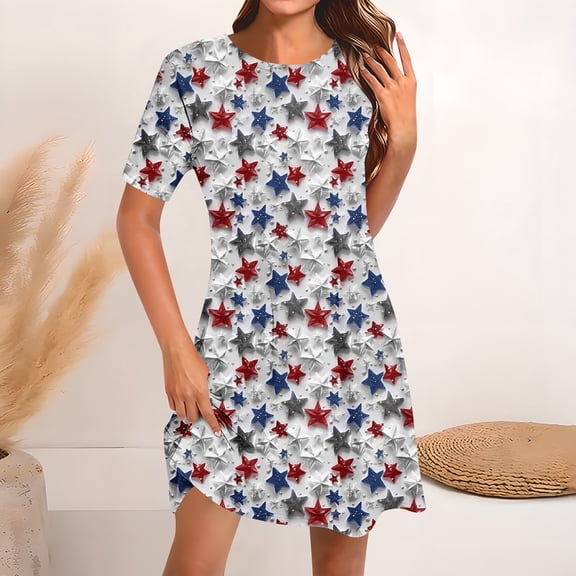 Fartey 4th of July Tunic Dresses for Women Summer Short Sleeve Crew Neck Mini Dress American Flag Beach Dresses Fashion Stars Stripes Print Dress Multicolor XL