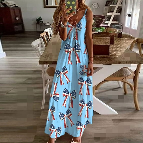 Fartey 4th of July Dress for Women Cute Flag Graphic Sundresses Spaghetti Strap V Neck Dresses Independence Day Sleeveless Maxi Dress Blue L