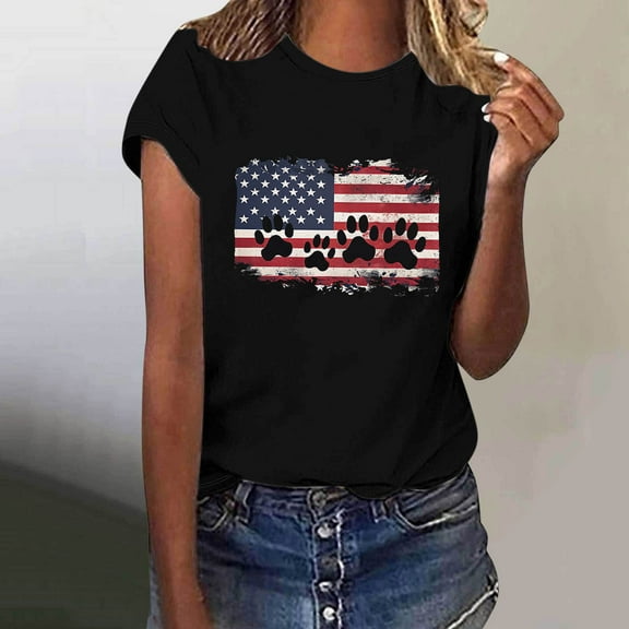 Fartey 4th of July Shirt for Women Patriotic Short Sleeve Tops Loose Fitted Independence Day Crew Neck T Shirts American Flag Graphic Tees Black XXL