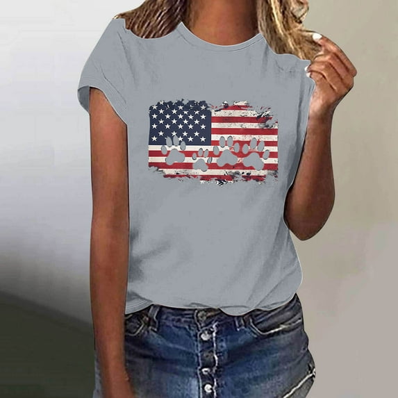 Fartey 4th of July Shirt for Women Patriotic Short Sleeve Tops Loose Fitted Independence Day Crew Neck T Shirts American Flag Graphic Tees Gray L