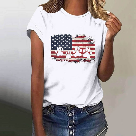 Fartey 4th of July Shirt for Women Patriotic Short Sleeve Tops Loose Fitted Independence Day Crew Neck T Shirts American Flag Graphic Tees White XXXL