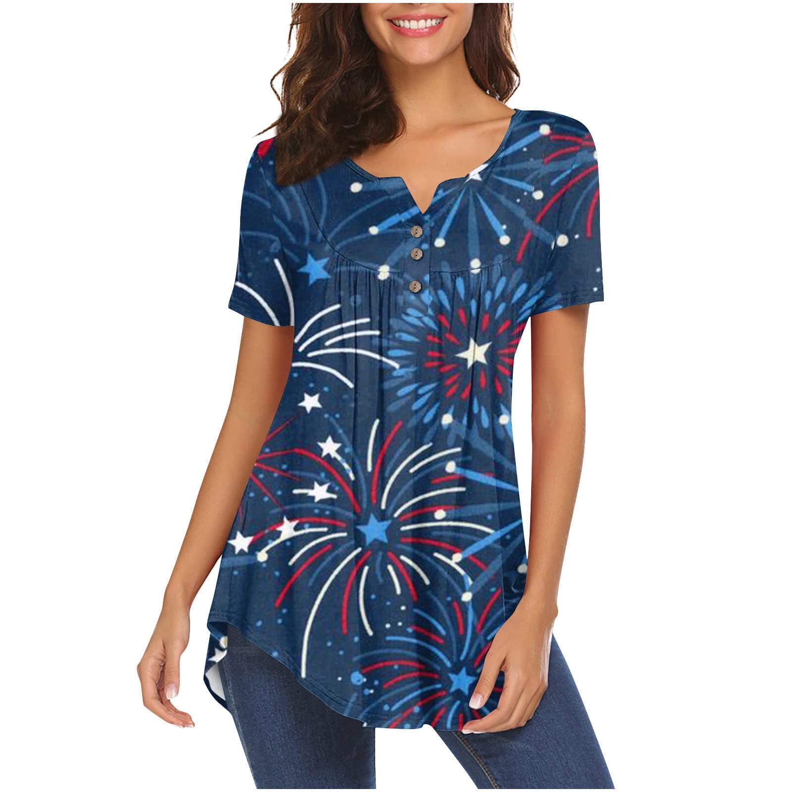 Women's Patriotic 4th Of July T-Shirt - Cute Firework USA Flag Graphic, Short Sleeve Casual Top - View #2