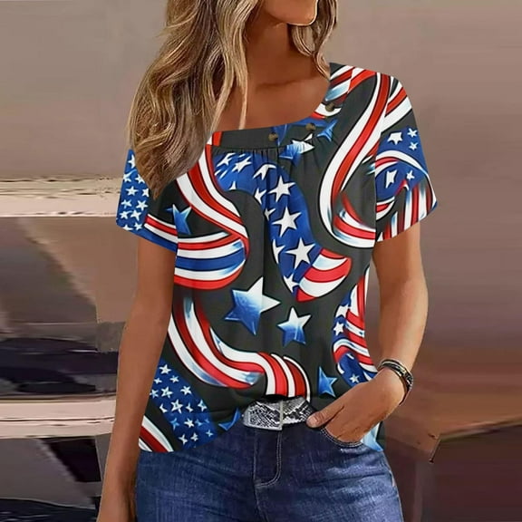 Fartey 4th of July Shirts for Women Trendy Stars Stripes Graphic Tees Slim FIt Short Sleeve Tunic Tops Summer Crew Neck Holiday T Shirts Blue XL