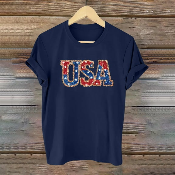 Fartey 4th of July Shirts for Women USA Flag Short Sleeve Tops Stars Stripe Graphic Tees Soft Comfy Crew Neck T Shirts Patriotic Blouses 2025 Navy XL