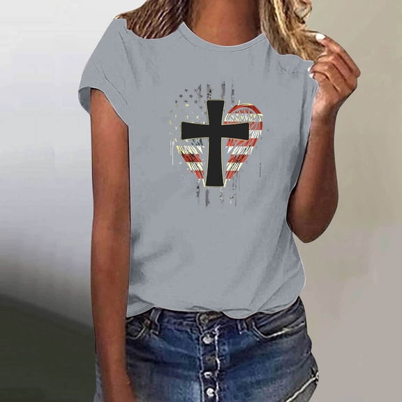Fartey 4th of July T-Shirt for Women Trendy Graphic Tees Summer Casual Short Sleeve Crew Neck Tops Independence Day Patriotic Blouses Gray XXXL