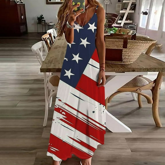 Fartey American Flag Dress Women 4th of July Patriotic Maxi Dresses USA Stars Stripes Dresses Elegant Summer V Neck Sundress Spaghetti Strap Sleeveless Sundresses Multicolor XL