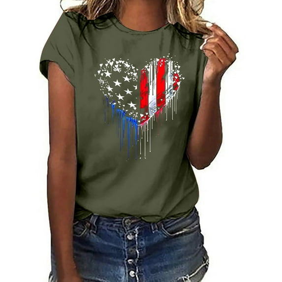 Fartey American Flag Heart Shirts for Women 2025 Summer Short Sleeve Crew Neck T Shirts 4th of July Graphic Tees Soft Comfy Festival Tops Army Green XXXL