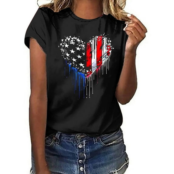 Fartey American Flag Heart Shirts for Women 2025 Summer Short Sleeve Crew Neck T Shirts 4th of July Graphic Tees Soft Comfy Festival Tops Black S