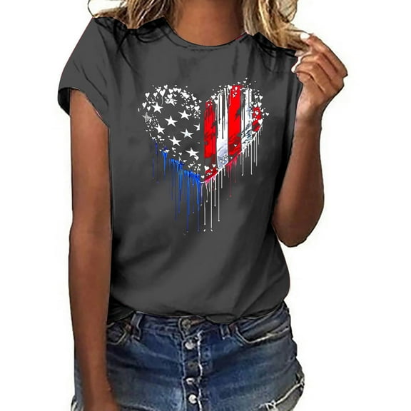 Fartey American Flag Heart Shirts for Women 2025 Summer Short Sleeve Crew Neck T Shirts 4th of July Graphic Tees Soft Comfy Festival Tops Dark Gray L