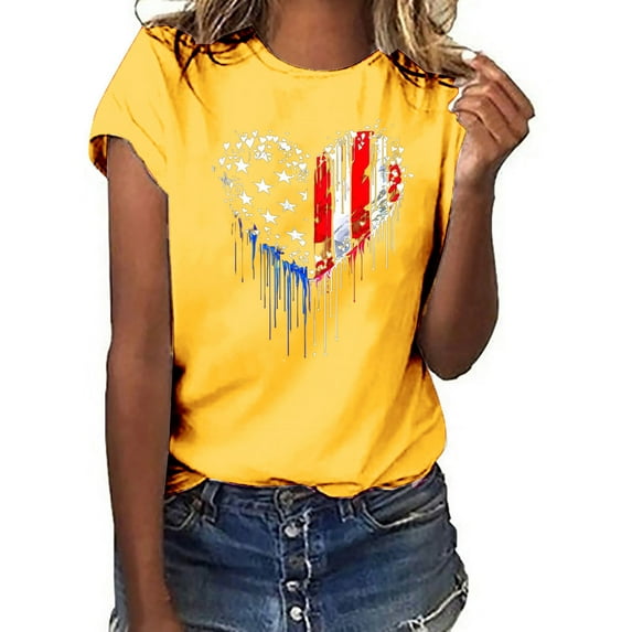 Fartey American Flag Heart Shirts for Women 2025 Summer Short Sleeve Crew Neck T Shirts 4th of July Graphic Tees Soft Comfy Festival Tops Yellow XXL