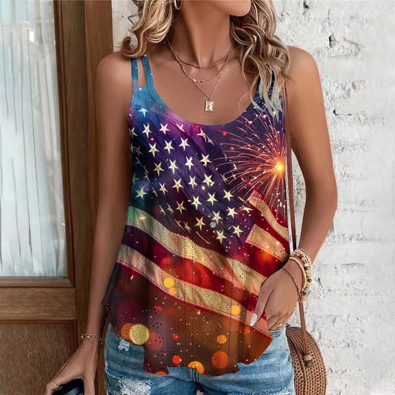 Fartey American Flag Hollow Out Tank Tops for Women 2025 Fashion Spaghetti Strap Camisoles Summer Scoop Neck Patriotic Camis Tops Loose Flowy Independence Day Sleeveless Shirts Red L