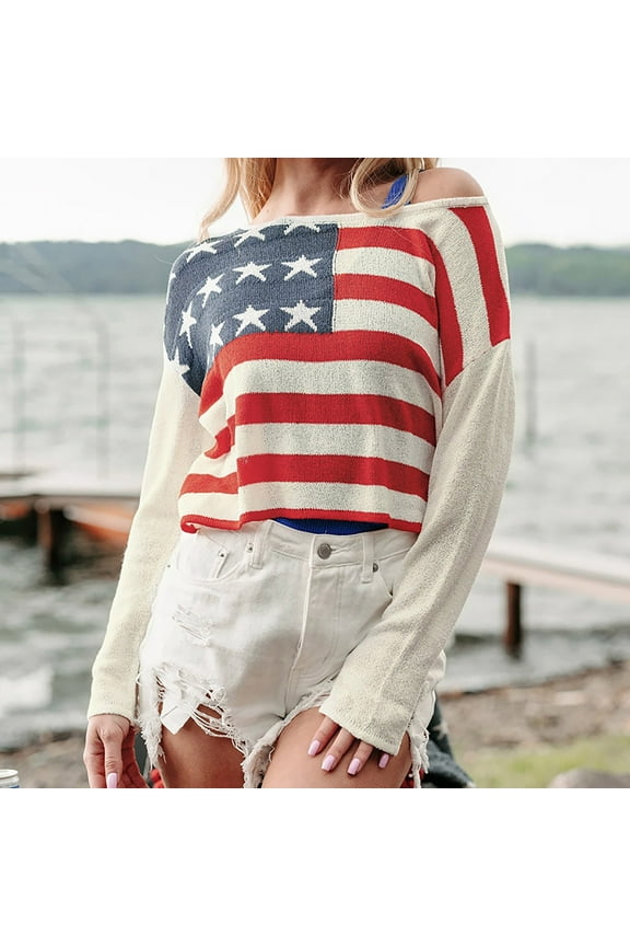 American Flag Cropped Sweater for Women Casual Loose Graphic Long Sleeve Crewneck Knitted Sweaters Loose 4th of July Patriotic Pullover Tops Beige S