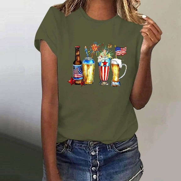Fartey American Flag Patriotic Shirt for Women 2025 Summer Short Sleeve Tops 4th of July Crew Neck T Shirts Funny Independence Day Graphic Tees Army Green L