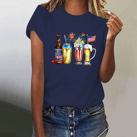 Fartey American Flag Patriotic Shirt for Women 2025 Summer Short Sleeve Tops 4th of July Crew Neck T Shirts Funny Independence Day Graphic Tees Navy S