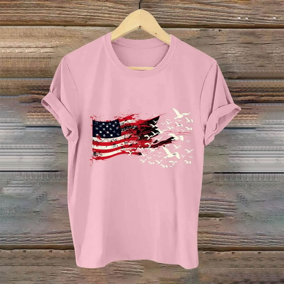 Fartey American Flag Patriotic T Shirts for Women USA Flag Stars Stripes Graphic Tees 4th of July Independence Day Shirt Summer Short Sleeve Crew Neck Casual Tops Pink XL