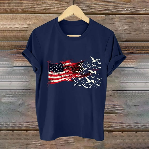 Fartey American Flag Patriotic T Shirts for Women USA Flag Stars Stripes Graphic Tees 4th of July Independence Day Shirt Summer Short Sleeve Crew Neck Casual Tops Blue XL