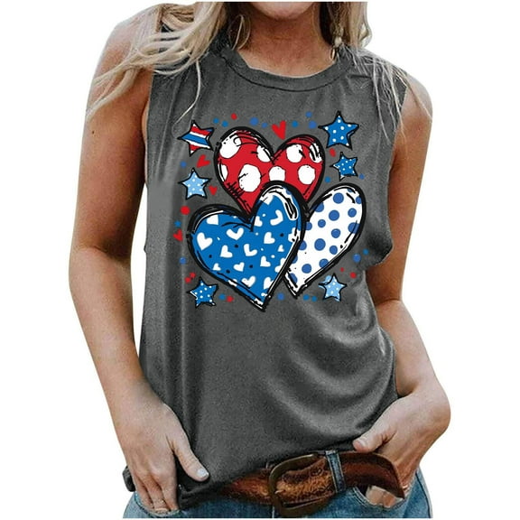 Fartey American Flag Patriotic Tank Tops for Women 4th of July Sleeveless Shirts Cute USA Flag Graphic Tanks Slim Fit Festival Undershirts Gray L