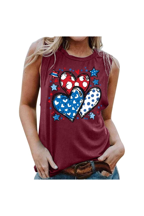 American Flag Patriotic Tank Tops for Women 4th of July Sleeveless Shirts Cute USA Flag Graphic Tanks Slim Fit Festival Undershirts Wine XL