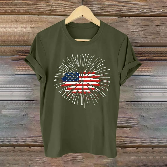 Fartey American Flag Shirt Women 4th of July T Shirts USA Flag Graphic Tees Summer Short Sleeve Patriotic Tshirts Independence Day Crew Neck Tops Green XL