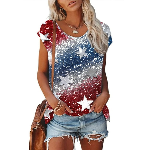 Fartey American Flag Shirt for Women Plus Size 4th of July Patriotic T Shirts Fashion Stars Stripe Graphic Tees Summer Short Sleeve Crew Neck Festival Tops Red S
