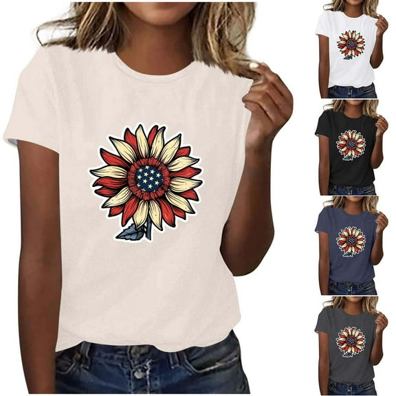 Fartey American Flag Shirts for Women Cotton Short Sleeve Tops Summer Crew Neck Patriotic T-Shirts Funny Sunflower Graphic Tees 4th of July Festival Blouses Black XL