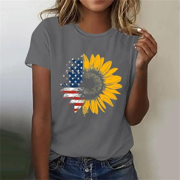 Fartey American Flag Shrot Sleeve Shirt for Women Cute Sunflower Graphic Tees 4th of July Summer Crew Neck Patriotic Tops Memorial Day T-Shirts Gray S