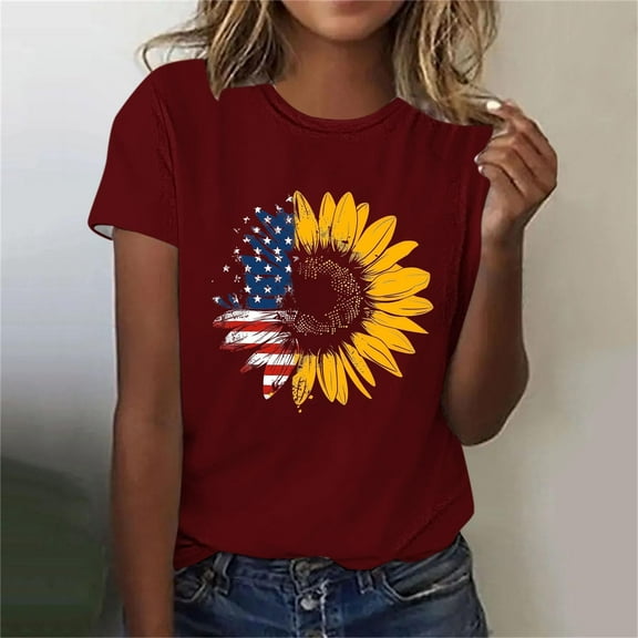 Fartey American Flag Shrot Sleeve Shirt for Women Cute Sunflower Graphic Tees 4th of July Summer Crew Neck Patriotic Tops Memorial Day T-Shirts Wine S