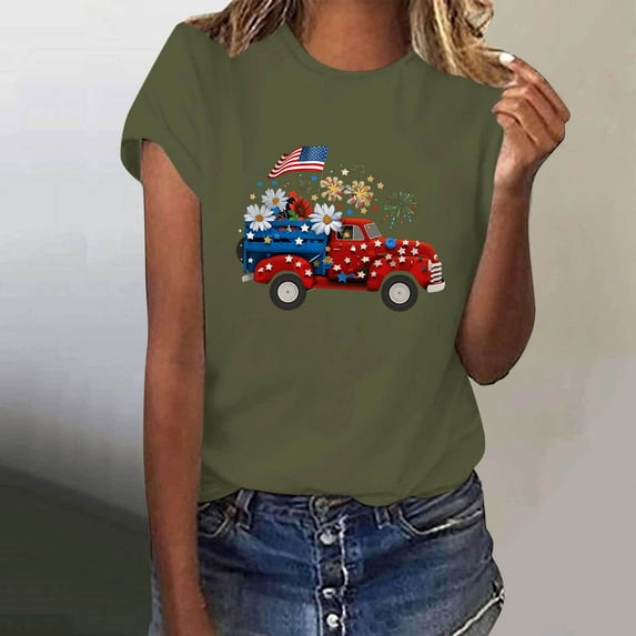Fartey American Flag T Shirts for Women 4th of July Patriotic Tops Cute Independence Day Graphic Tees Dressy Casual Short Sleeve Crew Neck Festival Blouses Army Green L
