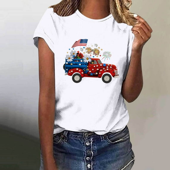Fartey American Flag T Shirts for Women 4th of July Patriotic Tops Cute Independence Day Graphic Tees Dressy Casual Short Sleeve Crew Neck Festival Blouses White S